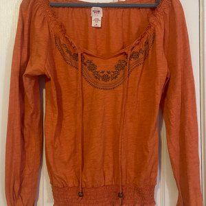 Orange Peasant Blouse with Brown Embroidery (M)